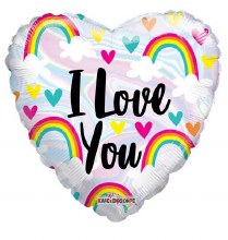 I Love You, Heart Shape w/ Rainbows • Standard Size 18in. Mylar Helium Balloon