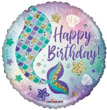 Ocean • Mermaid Holographic Tail, Happy Birthday • Standard Size 18in. Mylar Helium Balloon