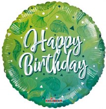 Green Tropical Leaves, Happy Birthday Round • Standard Size 18in. Mylar Helium Balloon