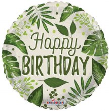 Green/Beige Tropical Leaves, Happy Birthday Round • Standard Size 18in. Mylar Helium Balloon