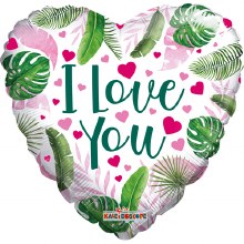 I Love You, Tropical Leaves Heart Shape • Standard Size 18in. Mylar Helium Balloon