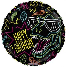 Dinosaur, T-Rex Neon Happy Birthday • Standard Size 18in. Plastic, Non Foil Helium Balloon