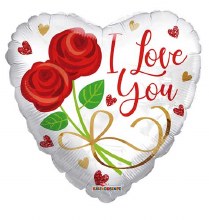 I Love You, Two Roses Heart Shape • Standard Size 18in. Mylar Helium Balloon