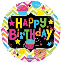 Neon Cupcake Happy Birthday Round • Standard Size 18in. Mylar Helium Balloon