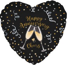 Happy Anniversary, Black & Gold Champagne Cheers Heart • Standard Size 18in. Mylar Helium Balloon