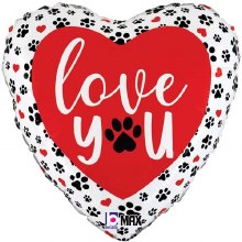 I Love You, Paw Print Heart Shape • Standard 18in. Mylar Helium Balloon