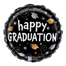 Black/Gold Happy Graduation Caps Round • Standard Size 18" Mylar Helium Balloon