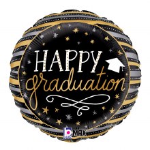 Black/Gold Happy Graduation Stripes Round • Standard Size 18" Mylar Helium Balloon