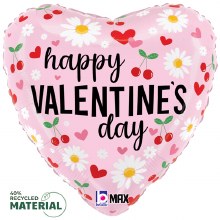 Happy Valentine's Day, Pink Heart Shape w/ Cherries & Daises • Standard Size 18in. Mylar Helium Balloon