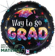 Black/Colorful Disco Stars, Way To Go Grad Holographic Round • Standard Size 18" Mylar Helium Balloon
