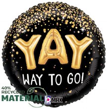 Yay Way To Go, Balloon Lettering w/ Gold Confetti Round • Standard Size 18" Mylar Helium Balloon
