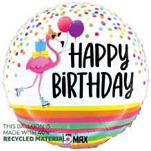 Bird, Flamingo on Skates Happy Birthday Round • Standard 18" Mylar Helium Balloon