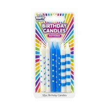 Blue and White Assorted Pattern Birthday Candles • 12 Count