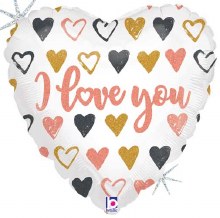 I Love You, Heart Shape w/ Rose Gold Hearts • Standard Size 18in. Mylar Helium Balloon