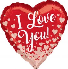 I Love You, Red Heart Shape w/ Rose Gold Heart Confetti • Standard 18in. Mylar Helium Balloon