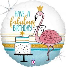 Bird, Flamingo Happy Birthday Fabulous Holographic Round • Standard 18" Mylar Helium Balloon