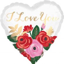 I Love You, White Heart Shape w/ Satin Roses • Standard 18in. Mylar Helium Balloon