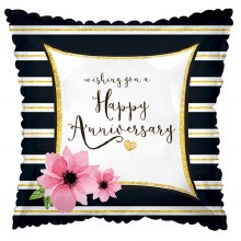 Happy Anniversary, Black & White Stripes Square • Standard Size 18in. Mylar Helium Balloon