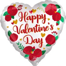 Happy Valentine's Day, White Heart Shape w/ Satin Roses • Standard Size 18in. Mylar Helium Balloon