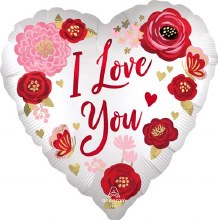 I Love You, Heart Shape w/ Satin Flowers • Standard Size 18in. Mylar Helium Balloon