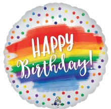 Rainbow Painted Dots Happy Birthday Round • Standard Size 18in. Mylar Helium Balloon