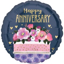 Happy Annniversary, Navy & Pink Satin Cake Round • Standard Size 18in. Mylar Helium Balloon