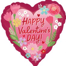 Happy Valentine's Day, Flowers Heart Shape • Standard Size 18in. Mylar Helium Balloon