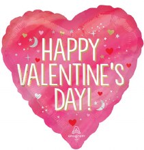 Happy Valentine's Day, Pink Celestial Heart Shape • Standard Size 18in. Mylar Helium Balloon