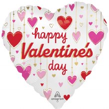 Happy Valentine's Day, White Dangling Hearts Heart Shape • Standard Size 18in. Mylar Helium Balloon