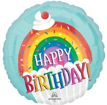 Rainbow Cupcake w/ Sprinkles Happy Birthday Round • Standard Size 18in. Mylar Helium Balloon