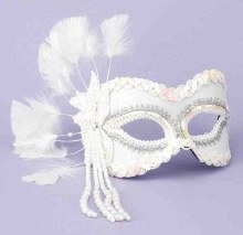 Masquerade Mask 1/2 White/Lt Pink Feathered