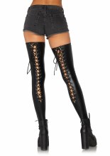 Wet Look Lace Up Thigh Highs Black Sm/Med