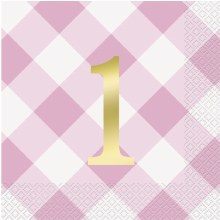 1st Bday Pink Plaid Lunch Napkins 16ct