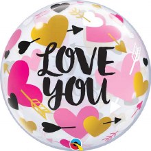 I Love You, Hearts & Arrows Bubble • Jumbo 22in. Plastic Bubble Helium Balloon