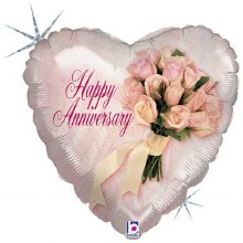 Happy Anniversary, Pink Rose Bouquet Heart • Standard Size 18in. Mylar Helium Balloon