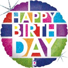 Standard Size / Happy Birthday Holographic Colorful Blocks Mylar ~ 18"