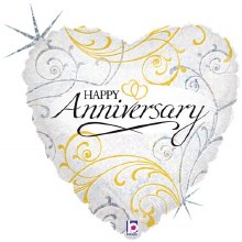 Happy Anniversary, Holographic Silver & Gold Filigree Heart • Standard Size 18in. Mylar Helium Balloon