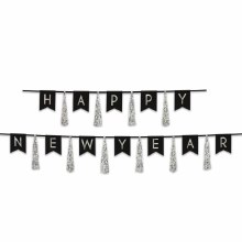 Happy New Year TasseL Streamer Black and Silver