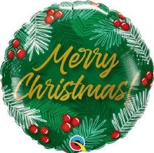 Merry Christmas Gold Script on Holly Berry Standard Size Mylar Helium Balloon 18in