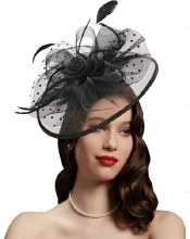 Fascinator Blk Mesh w/Feathers