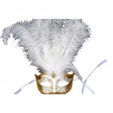 Venetian Mask w/ Middle Feather White/Gold
