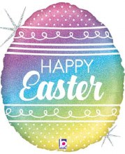 Happy Easter, Holographic Rainbow Egg Shape • Jr. Jumbo 26" Mylar Helium Balloon