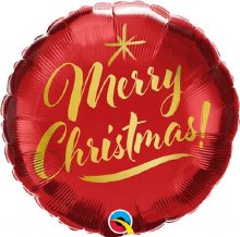 Merry Christmas Gold Script on Festive Red Standard Size Mylar Helium Balloon 18in.