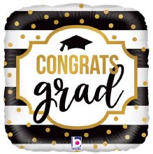 Gold/Black/White Congrats Grad Square • Standard Size 18" Mylar Helium Balloon
