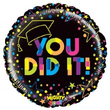 Colorful/Neon You Did It, Grad Cap Round • Standard Size 18" Mylar Helium Balloon