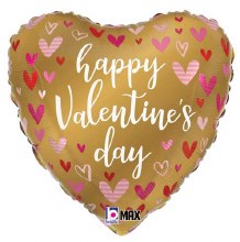 Happy Valentine's Day, Chrome Gold Heart w/ Pink Hearts Shape • Standard Size 18in. Mylar Helium Balloon