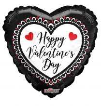 Happy Valentine's Day, Black & White Lace Heart Shape • Standard Size 18in. Mylar Helium Balloon