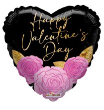 Happy Valentine's Day, Black Heart w/ Pink Roses • Standard Size 18in. Mylar Helium Balloon