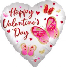 Happy Valentine's Day, White Satin Butterfly Heart Shape • Standard Size 18in. Mylar Helium Balloon