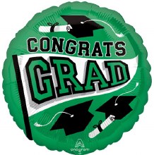 School Spirit Congrats Grad Round, Green • Standard Size 18" Mylar Helium Balloon